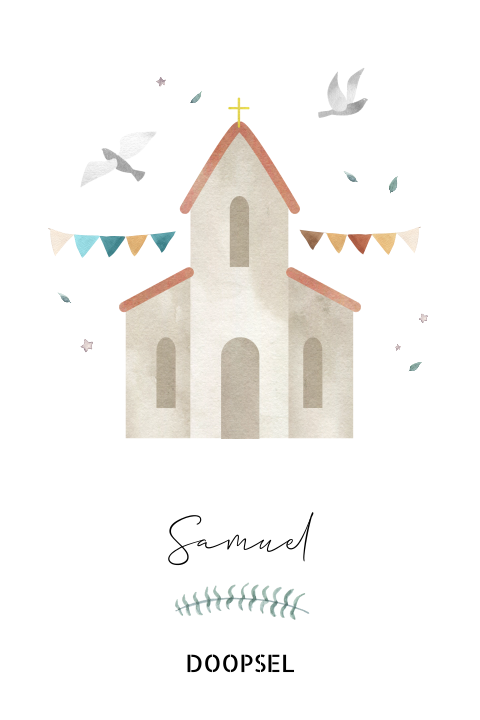 Hip doopkaartje met een kerk, slingers en duiven