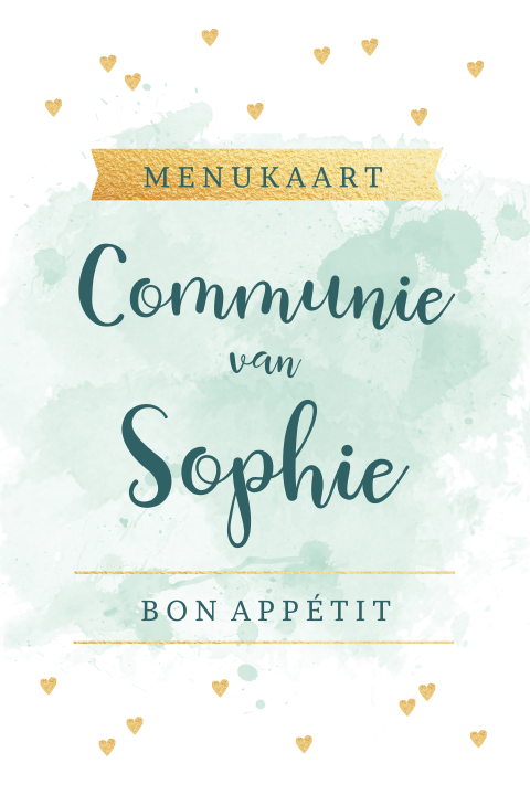 Menukaart met mintgroene aquarel en hartjes