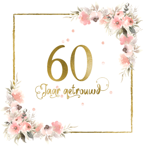 Uitnodiging jubileum met gouden kader en roze bloemen