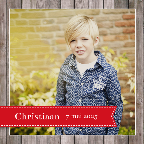Stoere bedankkaart voor jongen met foto hout en label