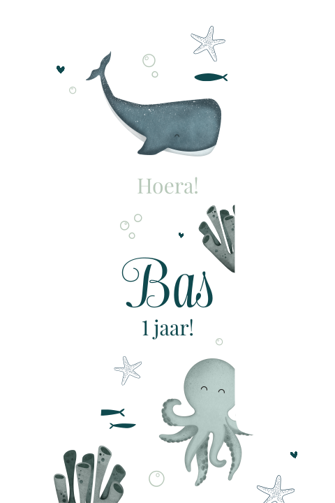 Originele kinderuitnodiging in de vorm van een 1 met waterdieren