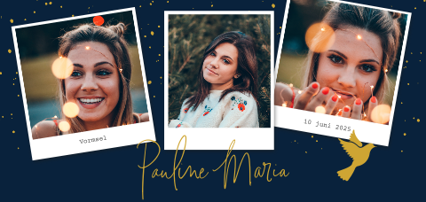 Hip vormsel kaartje voor een meisje met polaroid foto's
