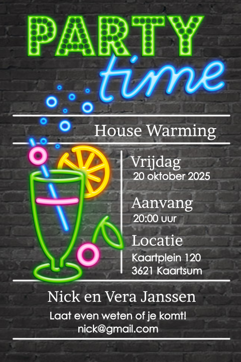 Housewarming kaart met cocktailglas in neonkleuren
