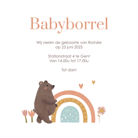 Babyborrelkaartje met schattig beertje en regenboog