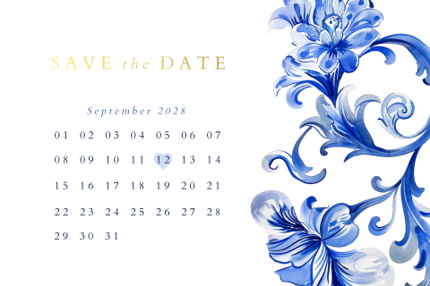 Save the date kaart met Delfts blauwe kalender en goudfolie details