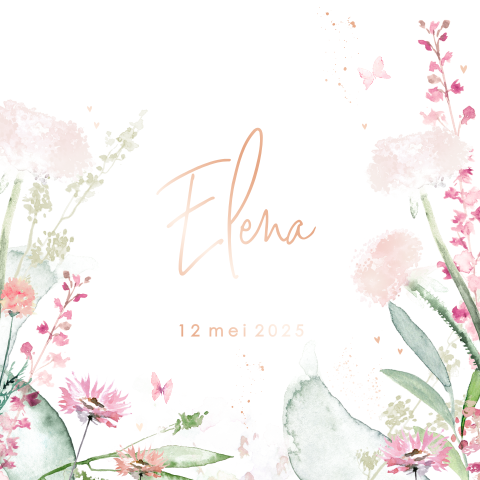 Geboortekaartje met bloemen van aquarel en letters in roségoudfolie