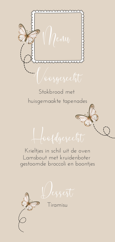 Menukaart met kader en vlinders