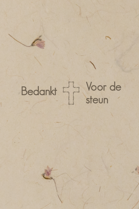 Bedankkaart met kruis en bloemen op kraftlook achtergrond