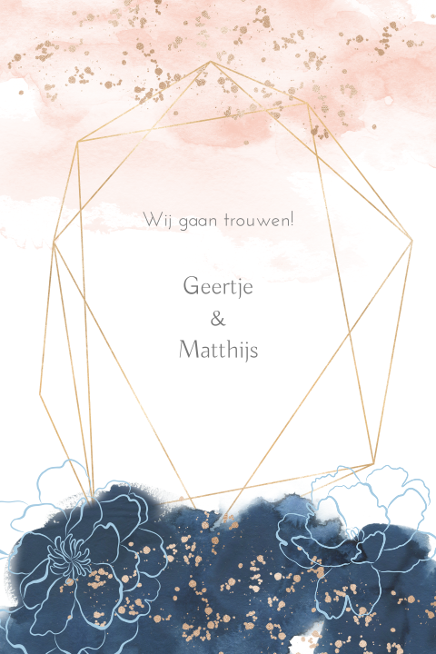 Prachtige trouwkaart met waterverf achtergrond en lijntekening van bloemen