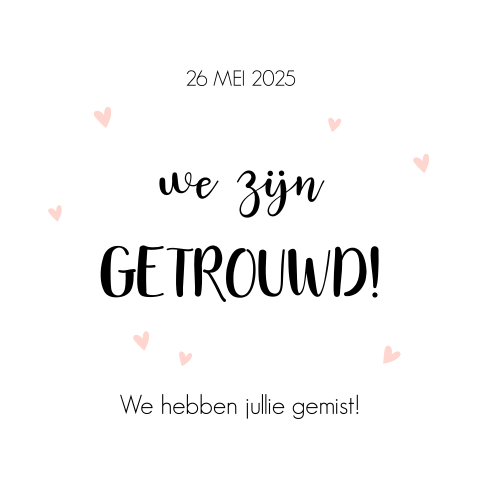 Minimalistische "we zijn getrouwd" kaart met roze hartjes