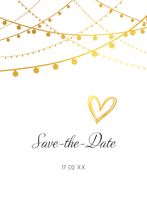 Mooie save-the-date kaart met goudkleurige slingers
