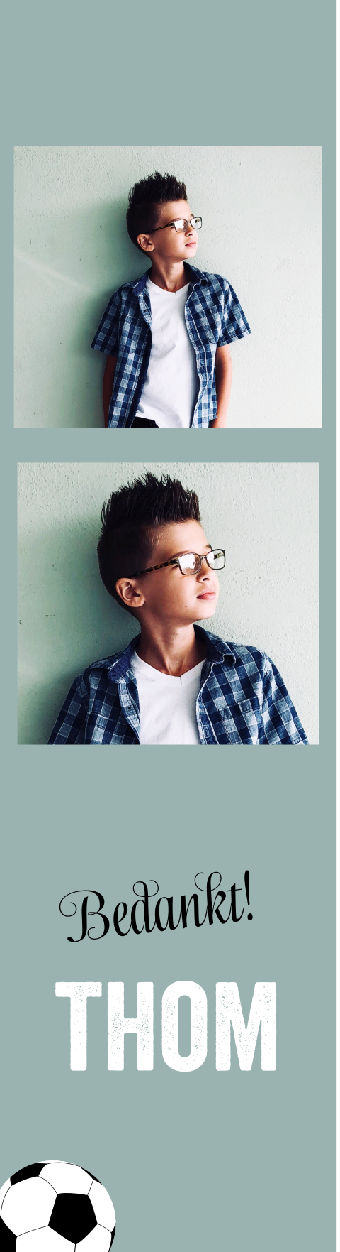 Boekenlegger met twee foto's en voetbal als bedankkaart - Set van 4