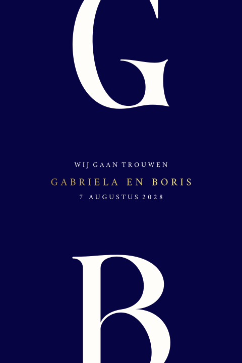 Moderne trouwkaart in donkerblauw met initialen en goudfolie