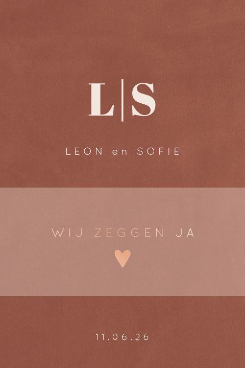 Roségoudfolie trouwkaart met initialen op velvet-look