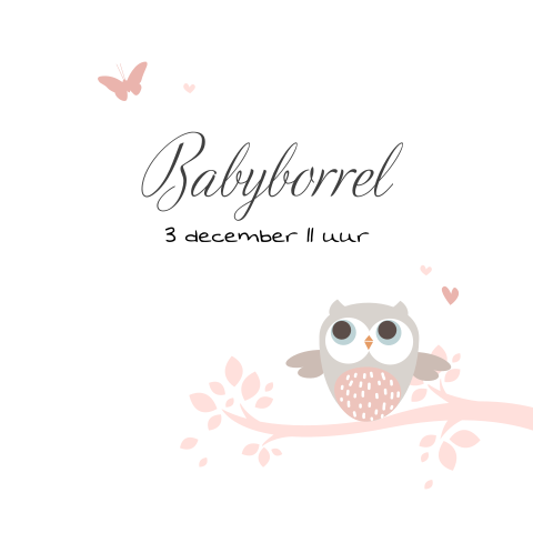 Schattige uitnodiging babyborrel met lief roze uiltje op boomtak