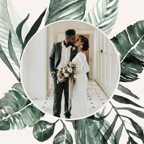 Stijlvolle bedankkaart met foto en handgeschilderde jungle bladeren