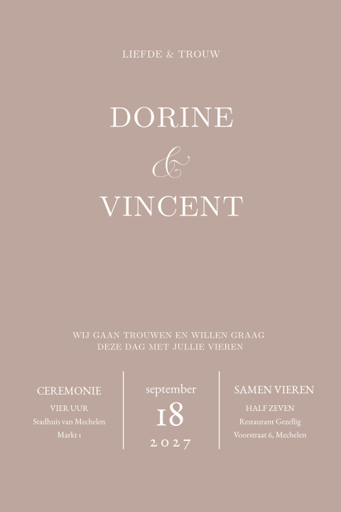 Klassieke trouwkaart met mooie typografie op oudroze