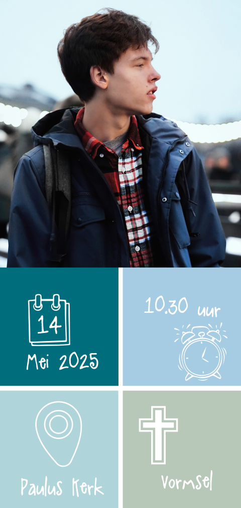 Uitnodiging vormsel met icoontjes en groene-blauwe vakjes