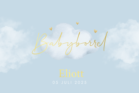 Babyborrel uitnodiging in het blauw met wolkjes en goudfolie