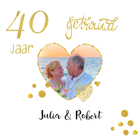 Hippe uitnodiging 40 jarig huwelijk met goudlook glitter met foto