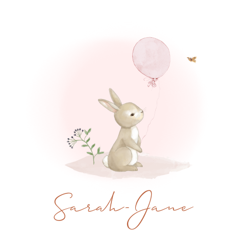 Lief geboortekaartje voor meisje met konijn en ballon