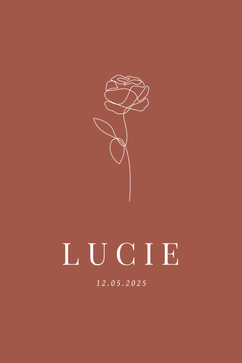 Communie uitnodiging met lijntekening roos op roestbruin