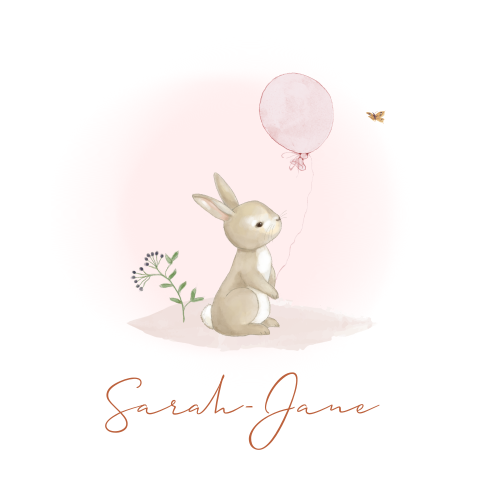 Lief geboortekaartje voor meisje met konijn en ballon