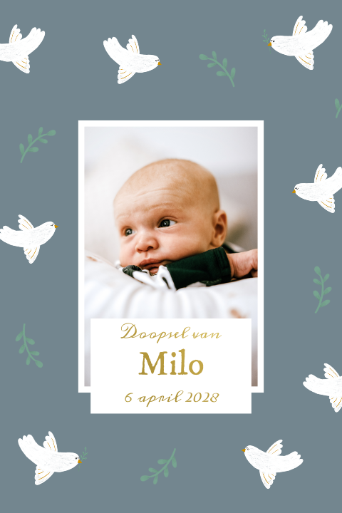 Hip doopkaartje met duiven en takjes op een blauwe achtergrond