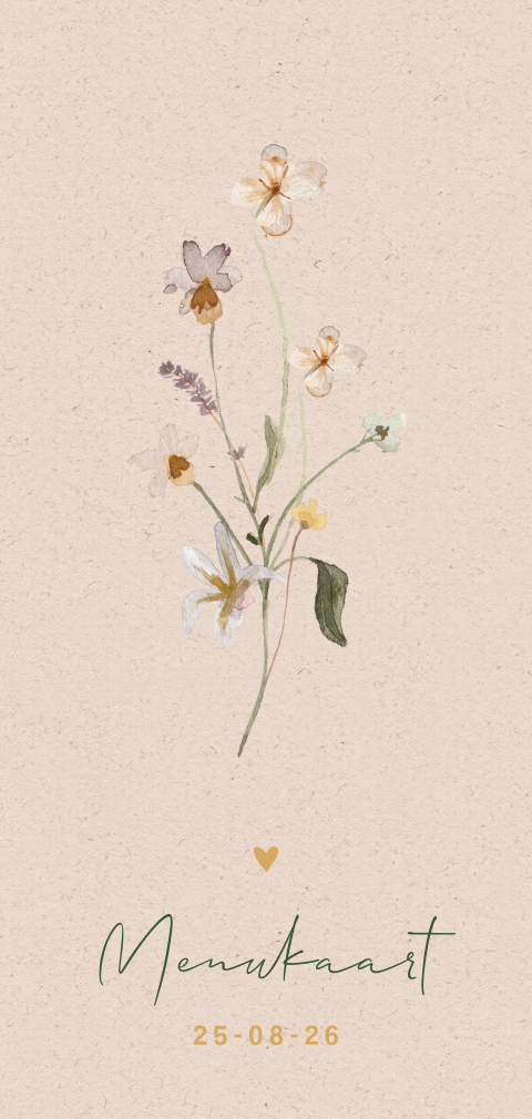 Menukaart met goudkleurige hartjes en bloemen van watercolour