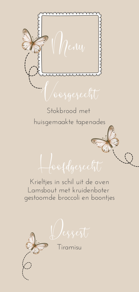 Menukaart met kader en vlinders