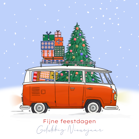 Kerstkaart met VW busje rood met kerstboom en cadeautjes