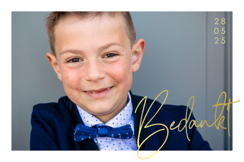 Communie bedankkaart met tekst in goudfolie en foto