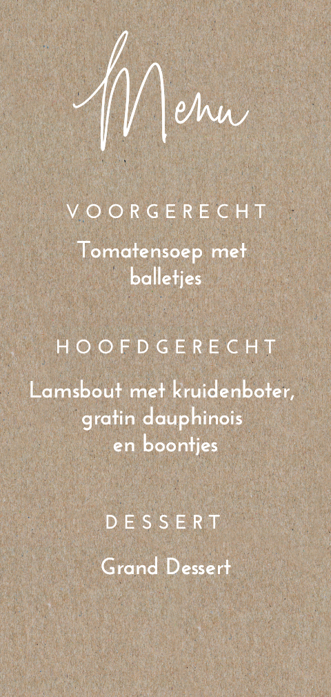 Menukaart met witte tekst op kraftpapier