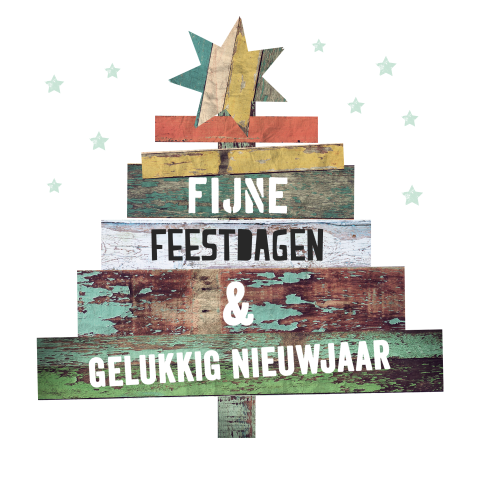 Stoere kerstkaart met een kerstboom van steigerhouten planken