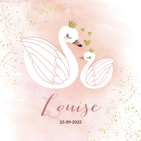 Lieve babykaart met zwanen op roze aquarel
