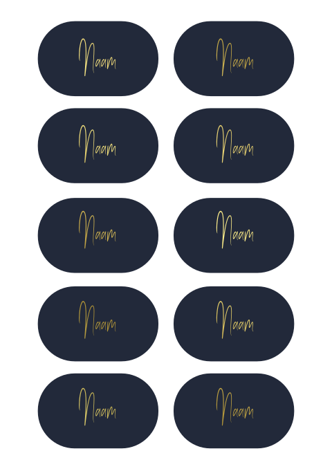 Ovale naamkaartjes met goudfolie naam op donkerblauw 