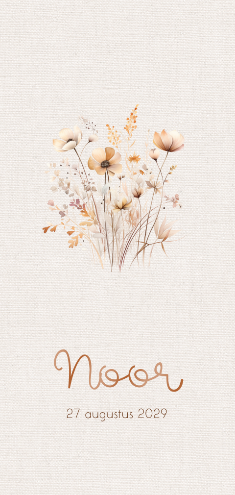 Geboortekaart linnen beige achtergrond en bloemen