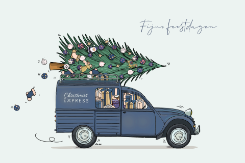 Vrolijke kerstkaart met bestelbus en kerstboom