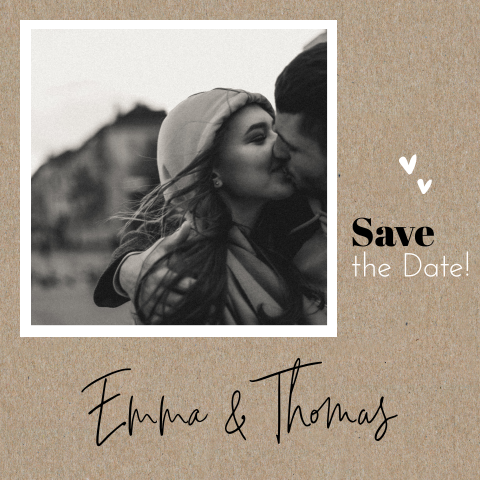 Kraft-look save the date kaart met foto in witte kader