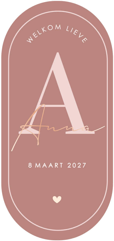 Oudroze geboortekaartje in ovale vorm met roségoudfolie naam