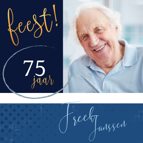 Verjaardagsuitnodiging 75 jaar met foto en blauwe elementen