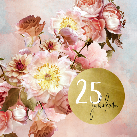Uitnodiging 25 jubileum met boeket in oud roze