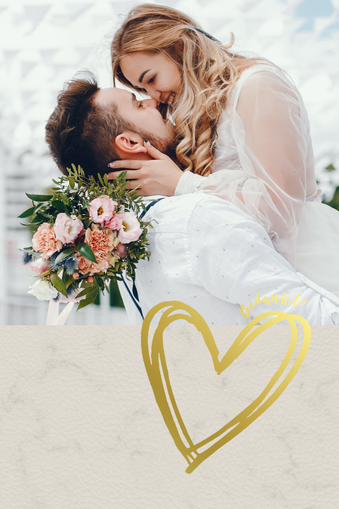 Goudfolie bedankkaart met de leukste foto van jullie huwelijk