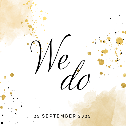 Hippe trouwkaart met gouden verfspetters en waterverf look
