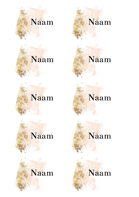 Zeshoekige naamkaartjes in roze en gouden spetters