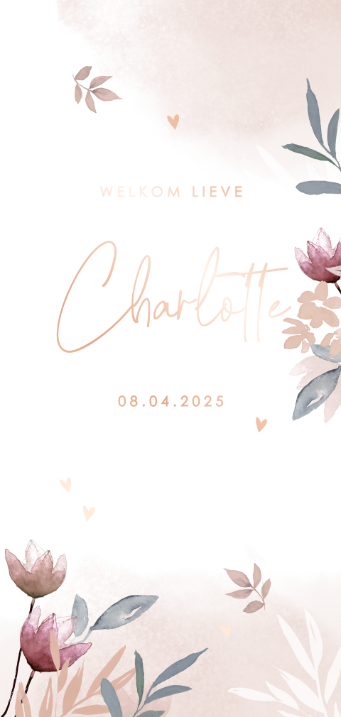 Stijlvol geboortekaartje met bloemen, aquarel en roségoudfolie
