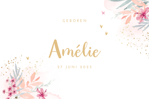 Lief geboortekaartje met roze bloemen