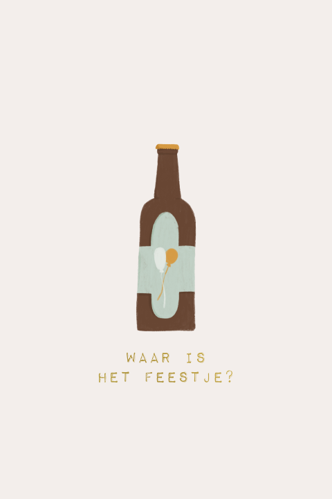 Verjaardagskaart met vrolijke tekst en tekening van een flesje drank