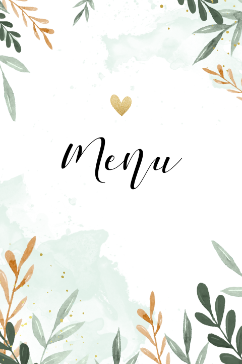 Menukaart huwelijk met takjes, hartjes en foto's