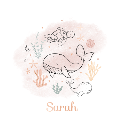 Lief geboortekaartje met lijntekening van zeedieren en roze aquarel